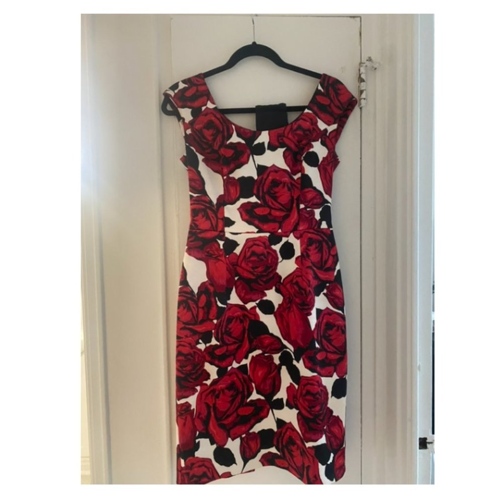 Print Joseph Ribkoff Silk Dress with Black Ribbon Belt - Size 6